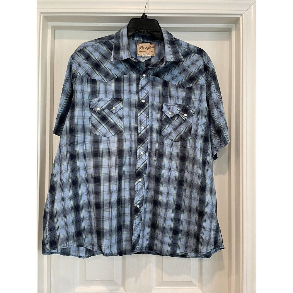 Wrangler Mens Big 2XL Short Sleeve Pearl Snap Blue Plaid Western Shirt